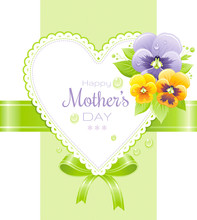 Happy Mothers Day Greeting Card Design. Violet Pansies On Green Background. Elegant Spring Flowers Vector Illustration
