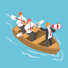 Poster - Isometric businessman in rowing team with leader command and control through a megaphone