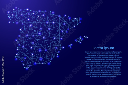 Cuadros en Lienzo Map of Spain from polygonal blue lines and glowing stars vector illustration