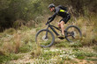 Young rider cycling on pedelec in forest, making mountain biking stunts. Outdoor shot of risky courageous sportsman riding booster pedal-assist bike through dense woods during workout in the morning