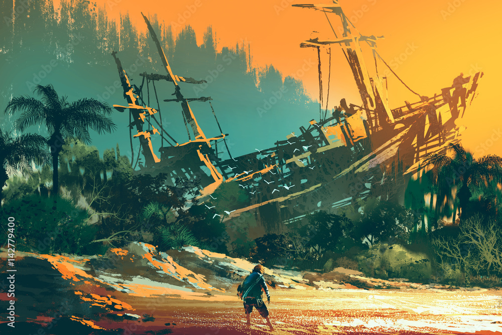 the castaway man standing on island beach with abandoned boat at sunset ...