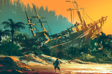 The Castaway Man Standing On Island Beach With Abandoned Boat At Sunset, Illustration Painting