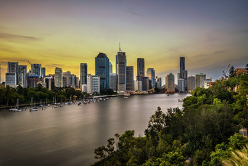 Wall Mural - Sunset skyline of Brisbane city and Brisbane river  from Kangaroo Point Cliffs, Australia