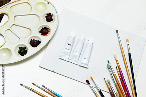 Painting Equipment And Blank White Canvas Art Background Brushes