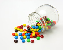 Colorful Sugar-coated Chocolate Smarties In A Glass Jar On A White Background