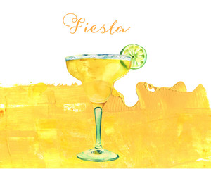 Wall Mural - Watercolour Margarita cocktail on golden texture with copyspace