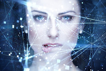 Sexy Woman Artificial Intelligence With Connections Bite Lips Portrait