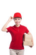 © makistock - Portrait of delivery woman service happily delivering package to costumer