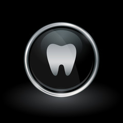 Wall Mural - dental symbol with tooth icon inside round chrome silver and black button emblem on black background