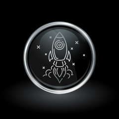 Wall Mural - spacecraft take-off symbol with rocket launch icon inside round chrome silver and black button emble