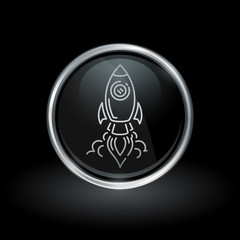 Wall Mural - spacecraft take-off symbol with rocket launch icon inside round chrome silver and black button emble