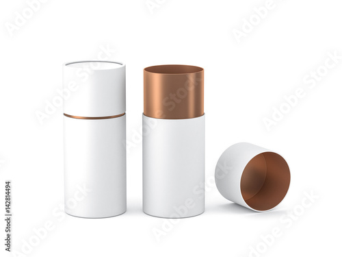 Download Opened White With Gold Paper Tube Tin Can Mockup 3d Rendering Stock Illustration Adobe Stock