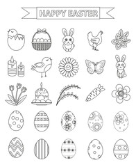 Wall Mural - Happy Easter icon set, line style, doodle, hand drawing. Vector illustration