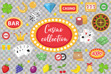 Casino Collection. Gambling Set Isolated On A White Background. Poker, Card Games, One-armed Bandit, Roulette Kit Of Design Elements. Flat Style. Vector Illustration, Clip Art