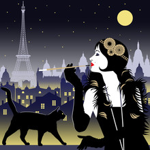 Flapper Girl With Cigarette And Black Cat On A Background Of Paris At Night. Handmade Drawing Vector Illustration. Art Deco Style