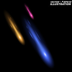 Wall Mural - falling meteorites and comets of violet, blue, yellow colors on a dark background