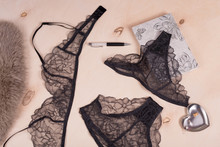 Shopping And Fashion Concept. Set Of Glamorous Stylish Sexy Lace Lingerie With Woman Accessories On Wooden Background.