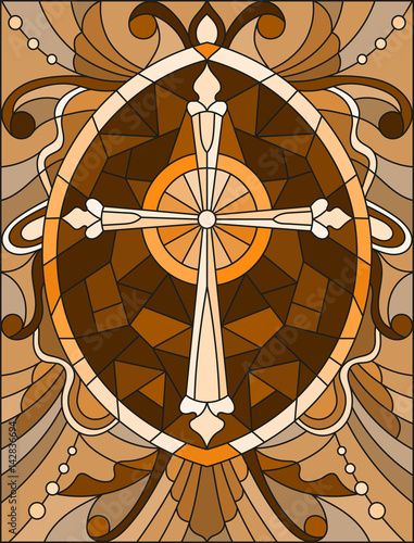 Naklejka na szafę Stained glass illustration with a cross in the sky and flowers,brown tone , Sepia
