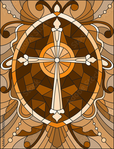 Naklejka na kafelki Stained glass illustration with a cross in the sky and flowers,brown tone , Sepia