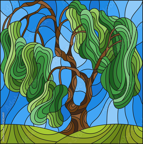 Fototapeta na wymiar Illustration in stained glass style with tree on sky background 