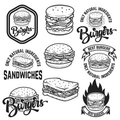 Wall Mural - Burgers and Sandwiches. Handwritten lettering logo, label, badge. Emblem for fast food restaurant, cafe. Isolated on white background. Vector illustration.