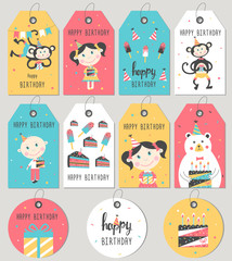 Wall Mural - set of happy birthday gift tags and cards. vector illustration