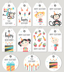 Wall Mural - Set of Happy Birthday gift tags and cards. Vector illustration