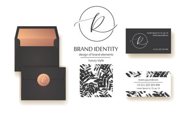 Wall Mural - Sophisticated brand identity. Letter R line logo. Business card template included.