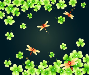 Wall Mural - Flower Background_Four-leaf clover and dragonfly