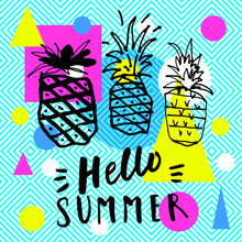 Hello Summer. Geometric Background With Hand Drawn Pineapples
