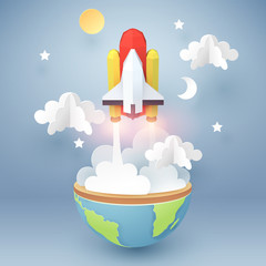 Wall Mural - Paper art of space shuttle launch out of the earth, start up business concept and exploration idea