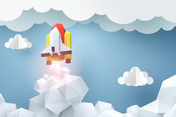Wall Mural - Paper art of space shuttle launch to the sky, start up business concept and exploration idea