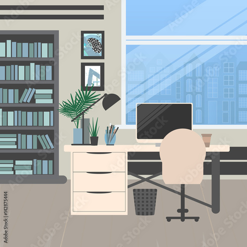 Modern Office Design Workplace With Big Window Desktop Modern