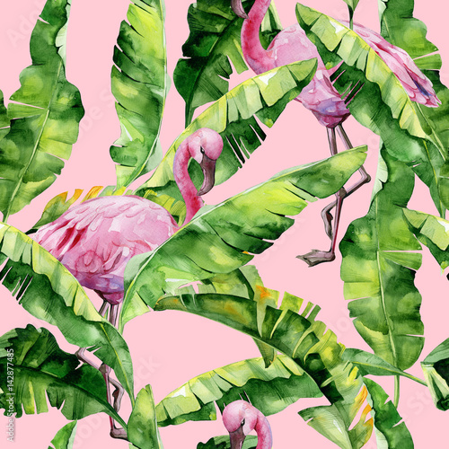 Stoffe zum Nähen
Tropical leaves, dense jungle. Banana palm leaves Seamless watercolor illustration of tropical pink flamingo birds. Trendy pattern with tropic summertime motif. Exotic Hawaii art background.