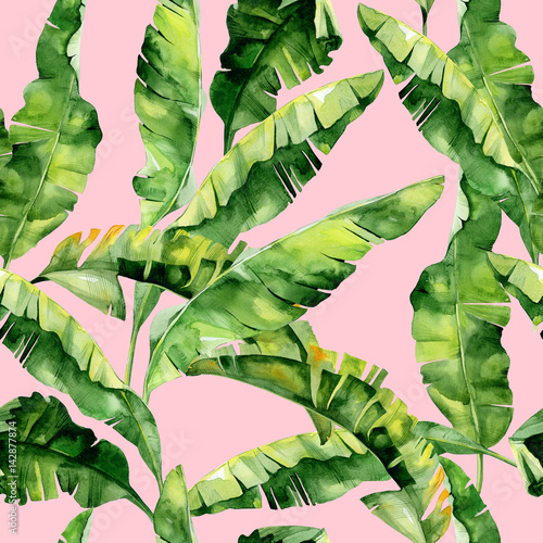 Tapeta ścienna na wymiar Seamless watercolor illustration of tropical leaves, dense jungle. Pattern with tropic summertime motif may be used as background texture, wrapping paper, textile,wallpaper design. Banana palm leaves 