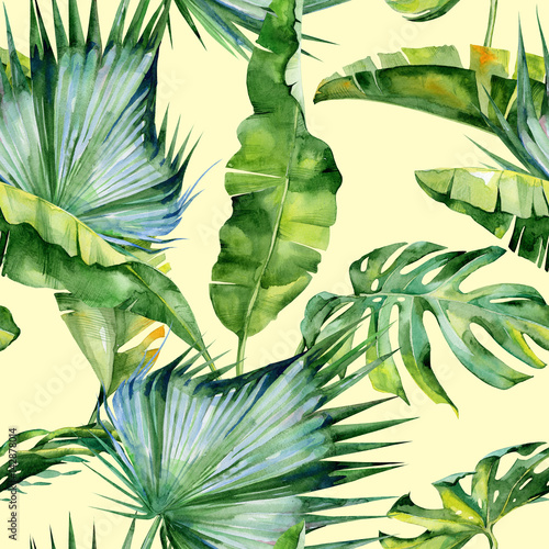 Foto-Schiebegardine mit Schienensystem - Seamless watercolor illustration of tropical leaves, dense jungle. Pattern with tropic summertime motif may be used as background texture, wrapping paper, textile,wallpaper design. Banana palm leaves  (von annaveroniq)