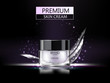 Premium 3d cosmetic cream bottle with violet abstract wave and shiny sparkle elements, on dark backgroun. Vector illustration.