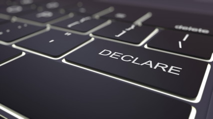 Black luminous computer keyboard and declare key. Conceptual 3D rendering