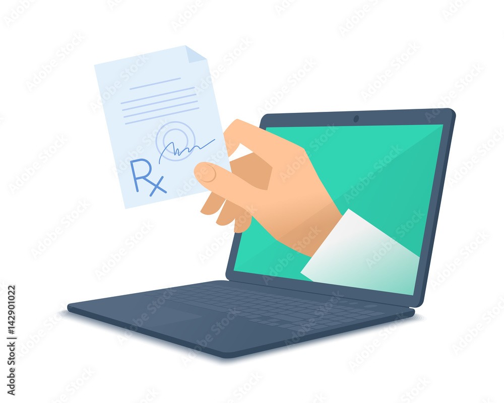 Computer, doctor's hand holding rx. Medic through the laptop screen giving the prescription to patient. Tele, online, remote medicine concept. Vector flat isolated illustration on white background. - obrazy, fototapety, plakaty 