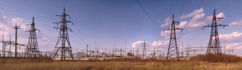 Panorama of high voltage substation. Distribution electrical power.