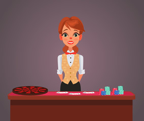 Smiling woman casino croupier character. Vector flat cartoon illustration