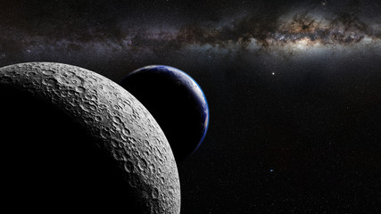 Wall Mural - moon in front of earth, sun and the milky way galaxy