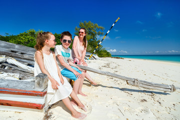 Wall Mural - mother and kids at tropical beach