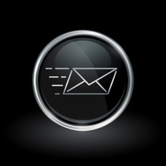 Wall Mural - email delivery symbol with speed mail icon inside round chrome silver and black button emblem on bla