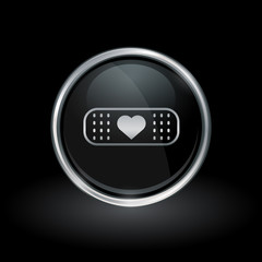 Wall Mural - injury treatment symbol with bandage and heart icon inside round chrome silver and black button embl