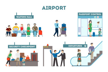 Wall Mural - Airport interior set. Waiting room and passport control, security checkpoint and departures. Isolated illustartions on white background.