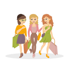 Sticker - Girls go for shopping. Three beautiful women with shopping bags.