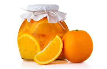 Glass jar with orange jam closed with bagging lid isolated on white background