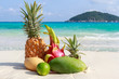 Exotic tropical fruits on the sandy beach. Similan islands