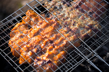 barbecue, meat roasted on the coals.